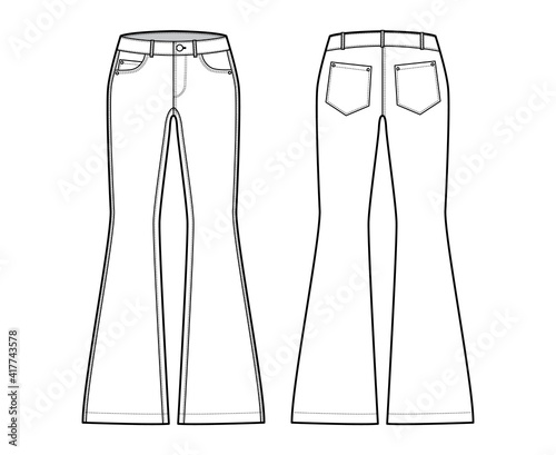 Jeans flared bottom Denim pants technical fashion illustration with full length, low waist, rise, 5 pockets, Rivets. Flat bottom apparel template front back, white color style. Women, men, CAD mockup