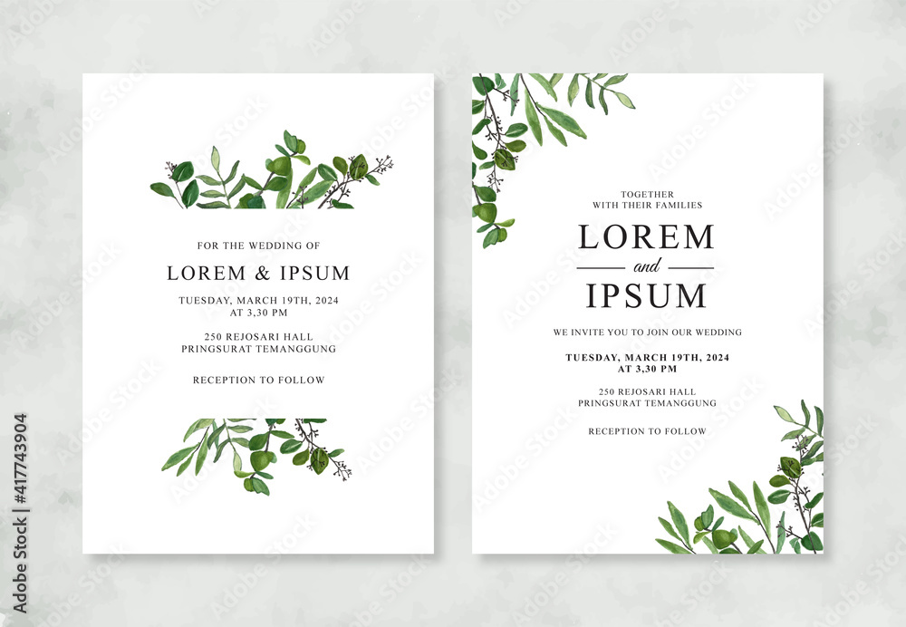 Minimalist wedding invitation with hand painted watercolor foliage