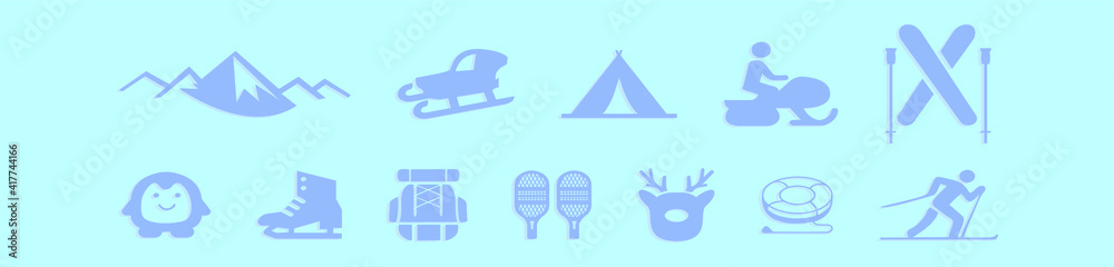 set of snow shoes cartoon icon design template with various models. vector illustration isolated on blue background set of snow shoes cartoon icon design template with various models. vector illustration isolated on blue background