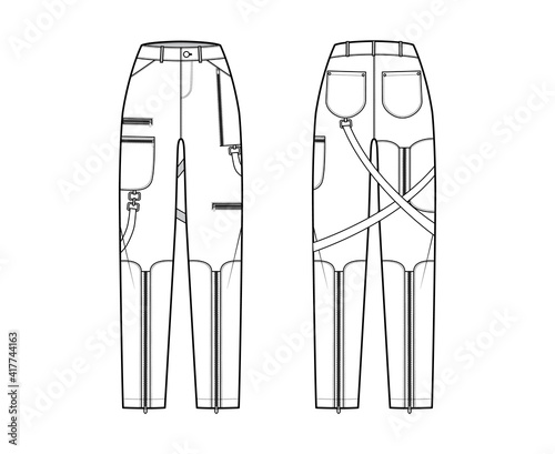Bondage pants technical fashion illustration with normal waist, high rise, pockets, belt loops, full lengths. Flat bottom apparel template front back, white color style. Women, men, unisex CAD mockup
