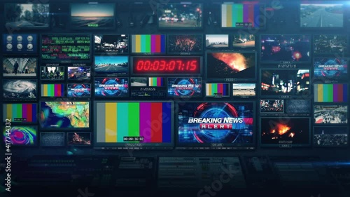 TV Broadcast News Studio Video Control Room Screens - Background Loop 4K