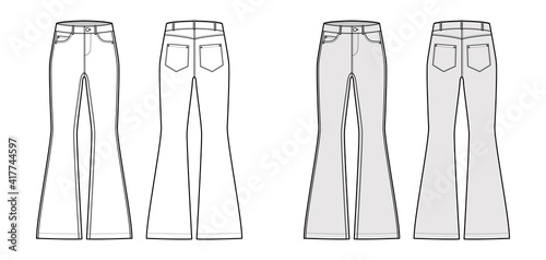 Jeans flared bottom Denim pants technical fashion illustration with full length, low waist, 5 pockets, Rivets. Flat bottom template front back, white, grey color style. Women, men, unisex CAD mockup