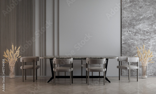Modern cozy mock up decor interior design of dining room and marble wall texture background