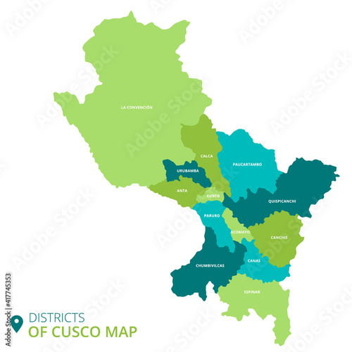 Districts of Cusco map, in Peru.