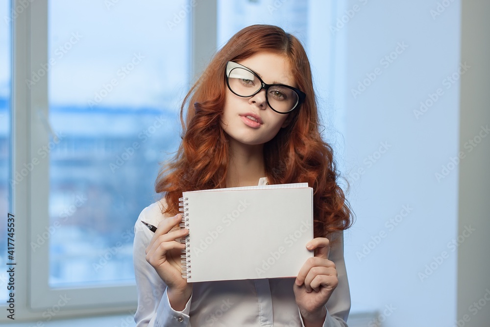 Business woman with notepad in hands finance officer Copy Space Business woman with notepad in hands finance officer Copy Space