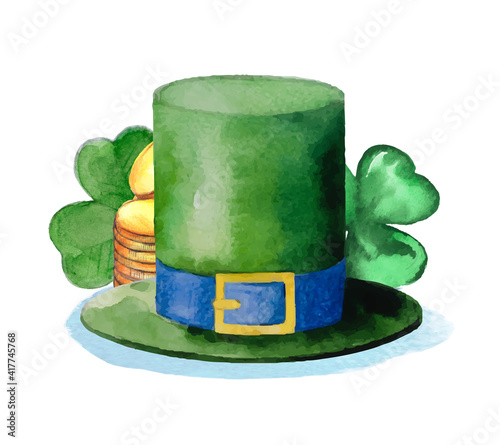Bright vector watercolor illustration with leprechaun hat, several quatrefoils, gold coins on white background. Elements for design of holiday greeting cards, banners and posters for St. Patrick's day