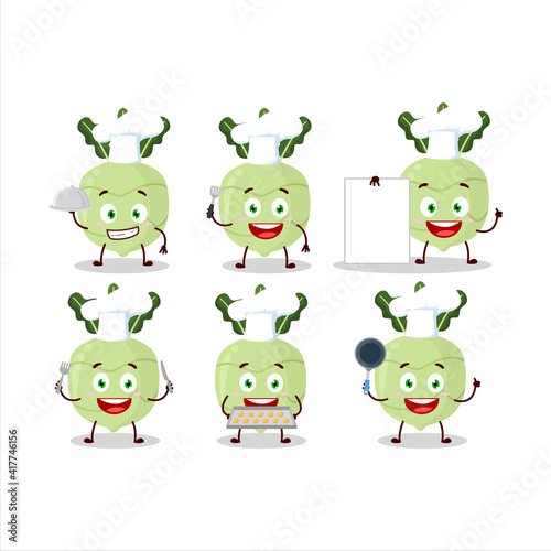 Cartoon character of kohlrabi with various chef emoticons