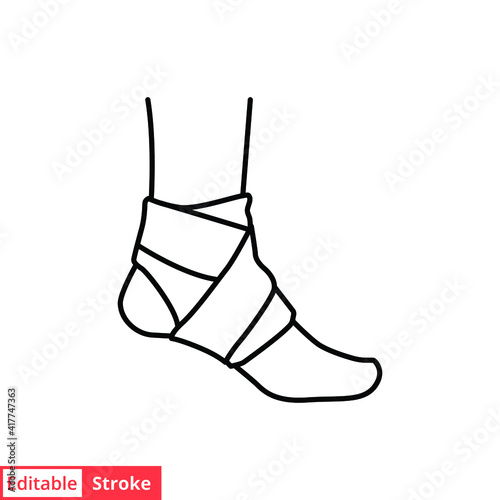Foot, ankle wrap line icon. Outline style can be used for web, mobile, ui. Pain, hip, ortho, anatomy, body, care concept. Vector logo illustration isolated on white background. Editable stroke EPS 10.