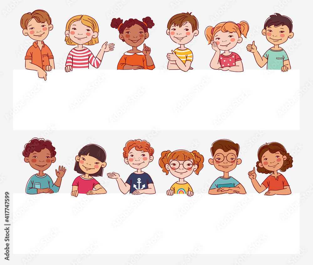 Funny kids. Vector cute boys and girls collection. Multi-ethnic group of  happy children. Different cartoon faces icons Stock Vector | Adobe Stock