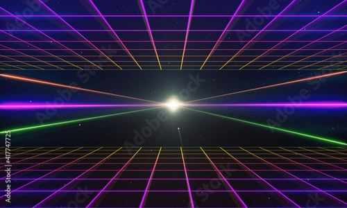 Fototapeta Naklejka Na Ścianę i Meble -  Retro style 80s Sci-Fi Background Futuristic with laser grid landscape. Digital cyber surface style of the 1980`s. 3D illustration. For banner