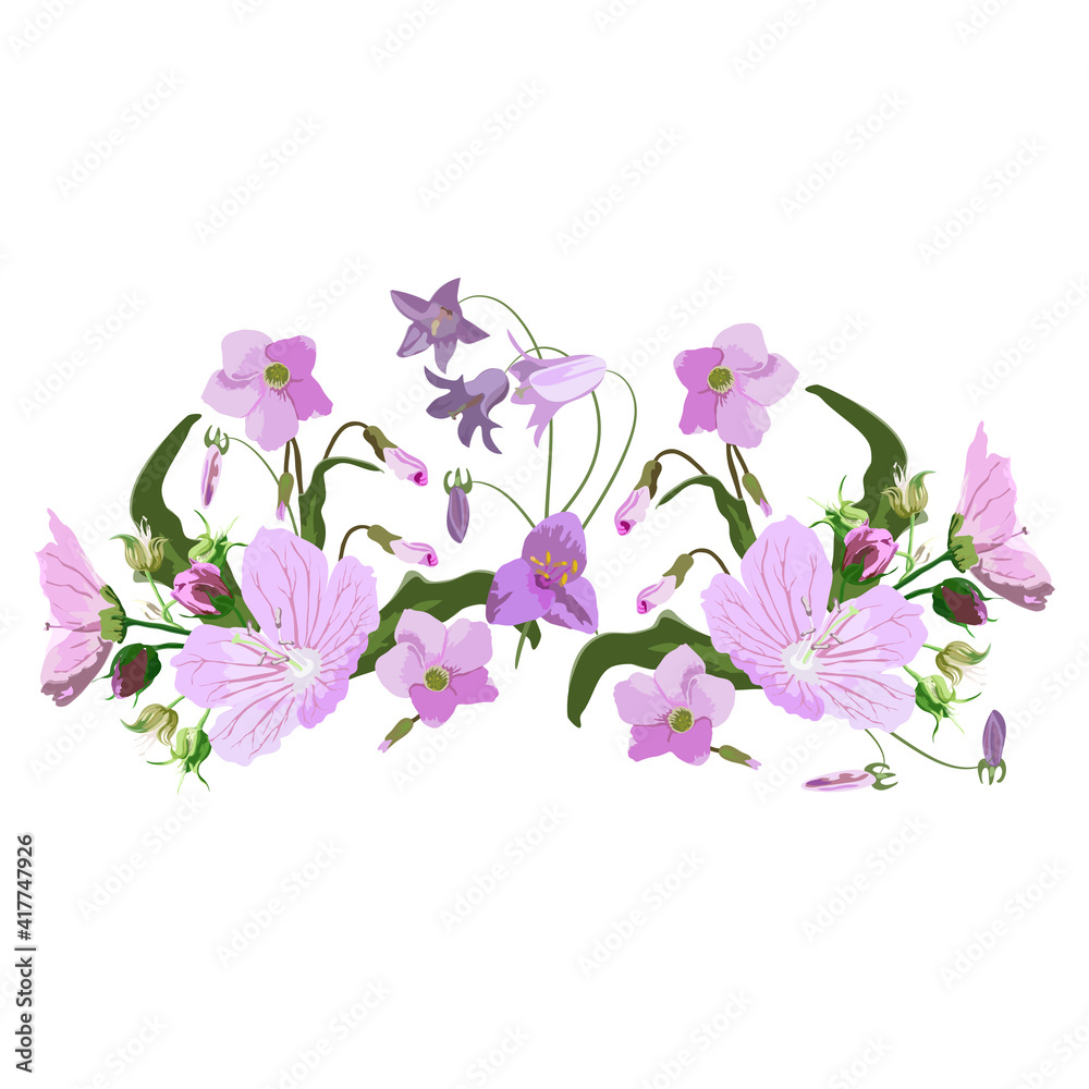 Vector floral element for design postcards, floral print on clothes, accessories, pink and lilac flowers with buds isolated on white background Vector floral element for design postcards, floral print on clothes, accessories, pink and lilac flowers with buds isolated on white background
