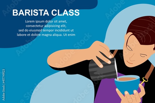 Barista courses. Barista making coffee, manual brew drip coffee and accessories. Vector flat illustration. Can use for banner, poster, card and brochure