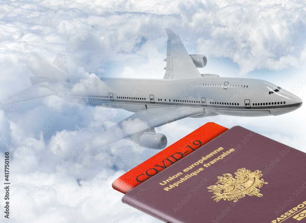 Concept voyages en période de pandémie mondiale, avion de ligne et passeports sanitaires dans le ciel
