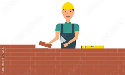 A masonry worker builds a wall of bricks with a trowel and a level.