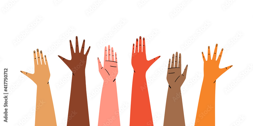 Diverse raised hands isolated on white background.  Concept of social support and unity. Hand drawn flat vector illustration.