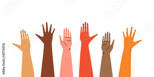 Diverse raised hands isolated on white background.  Concept of social support and unity. Hand drawn flat vector illustration.