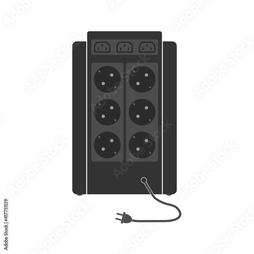 Professional uninterruptible power supply with a large number of sockets and connectors. Rear view. A unit with a network cable. Flat vector illustration