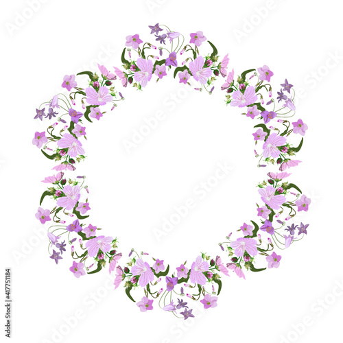 Vector floral round frame for design of greeting cards, wedding invitations labels, pink and lilac flowers with buds isolated on white background in the center of memto for text