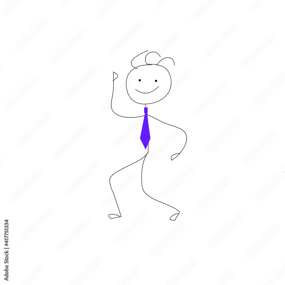 happy little man silhouette in tie goes isolated on white background happy little man silhouette in tie goes isolated on white background