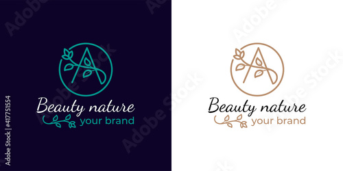nature logos of initial letter A with flower or floral line art style symbol icon design