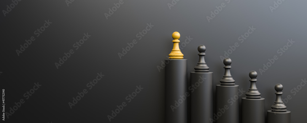 Leadership and growth concept, yellow pawn of chess, standing out from the crowd of black pawns, on black background with empty copy space on left side. 3D Rendering - obrazy, fototapety, plakaty 