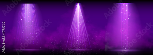 Purple spotlight. Set of bright lighting with spotlights of the stage with purple ducst on transparent background.