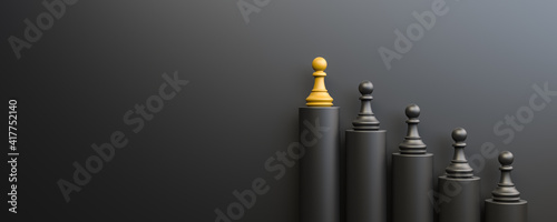 Leadership and growth concept, yellow pawn of chess, standing out from the crowd of black pawns, on black background with empty copy space on left side. 3D Rendering