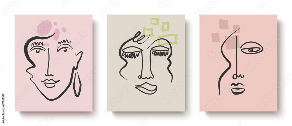 A set of creative templates in a fashionable style with a portrait in one line, modern abstract colorful shapes.Design for home and office decor. A set of creative templates in a fashionable style with a portrait in one line, modern abstract colorful shapes.Design for home and office decor.