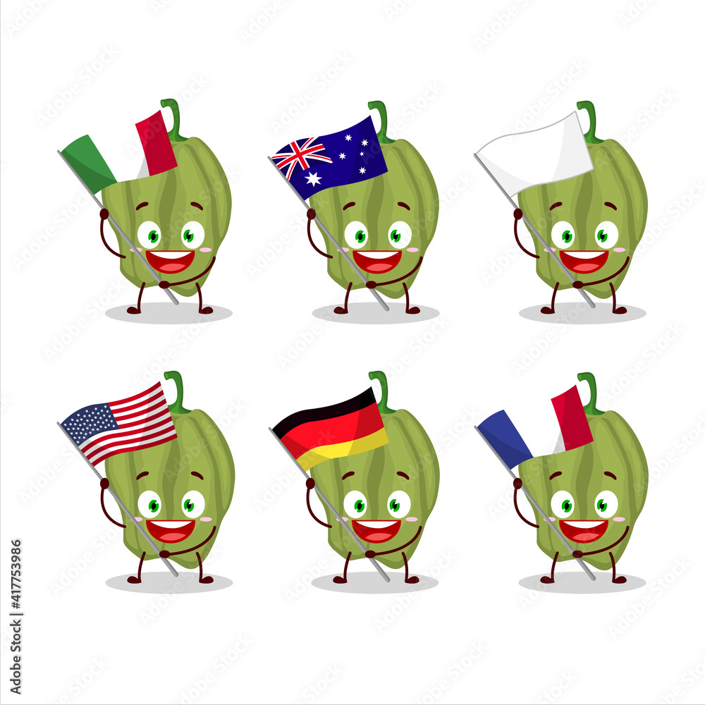 New green hananero cartoon character bring the flags of various countries New green hananero cartoon character bring the flags of various countries