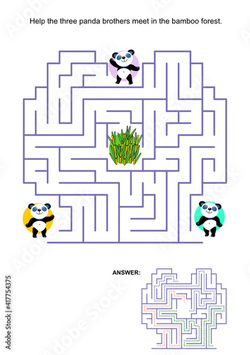 Maze game for kids: Help the three panda bear brothers meet in the bamboo forest in the middle of the maze. Answer included.
