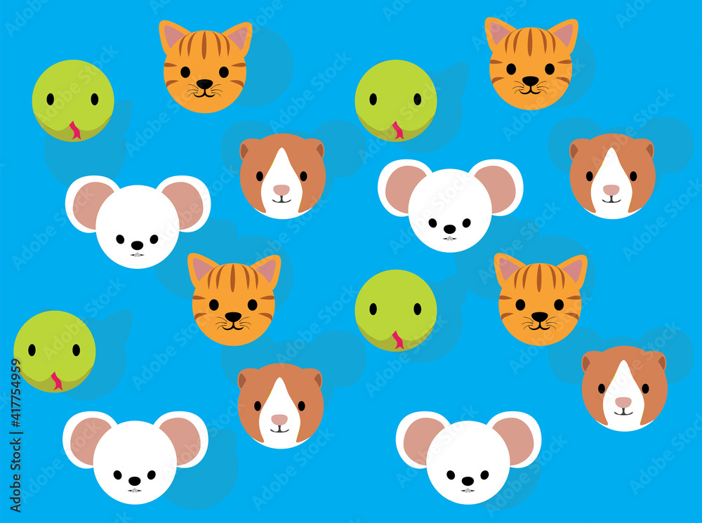 Fototapeta premium Animal Head Cat Hamster Mouse Snake Cartoon Illustration Seamless Background
