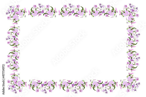 Vector floral rectangular contour border frame for design of greeting cards, wedding invitations, labels, 8 March, pink and lilac flowers with buds isolated on white background  copy space