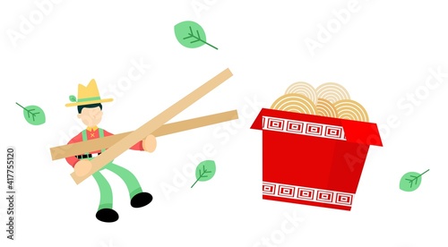 farmer man agriculture and asian noodle box cuisine cartoon doodle flat design style vector illustration