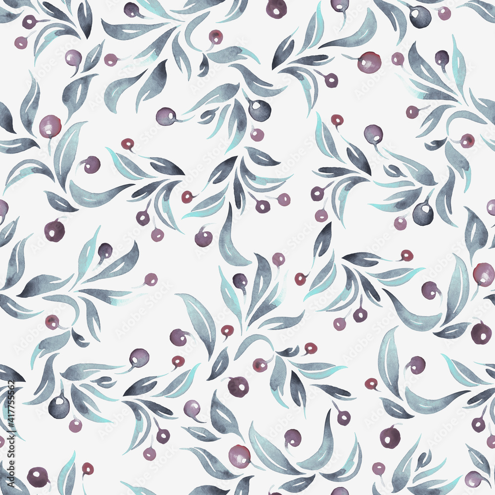 seamless watercolor pattern with berries and leaves, pattern repeating elements with berries