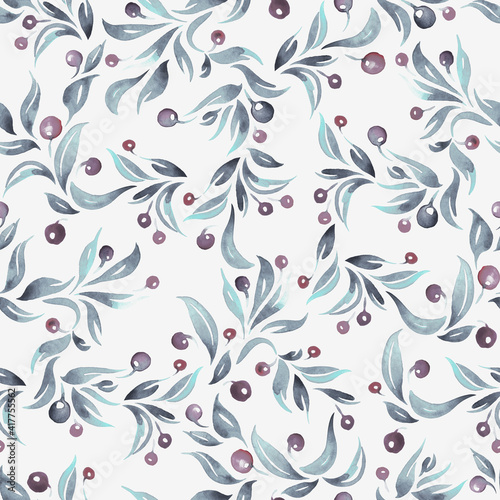seamless watercolor pattern with berries and leaves, pattern repeating elements with berries © unimaginary