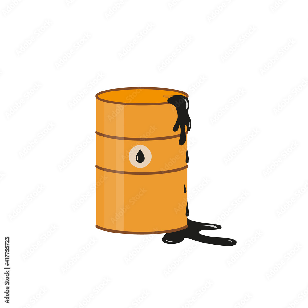 Metal drum of oil, defective or leaking. Oily flammable liquid has been spilled. Oil icon. Vector illustration Metal drum of oil, defective or leaking. Oily flammable liquid has been spilled. Oil icon. Vector illustration