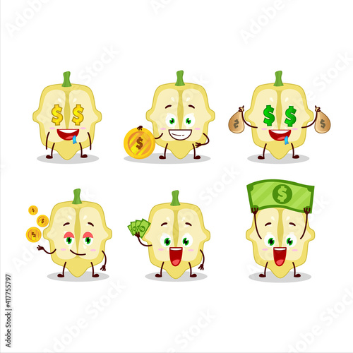 Slice of patisson cartoon character with cute emoticon bring money