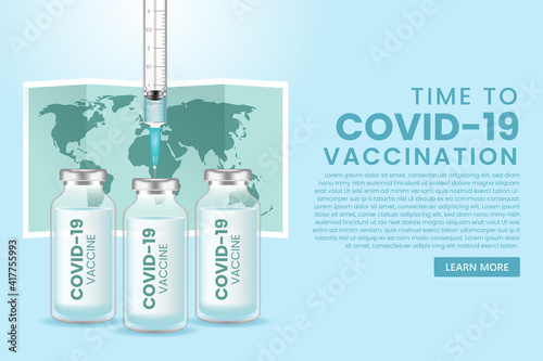 Coronavirus vaccine vector background. Covid-19 corona virus vaccination with vaccine bottle and syringe injection tool for covid-19 immunization treatment.
