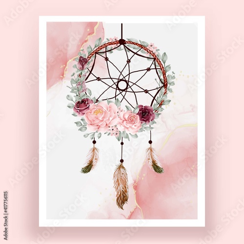 Watercolor dream catcher rose pink and burgundy flower feather