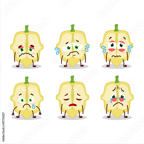 Slice of patisson cartoon character with sad expression