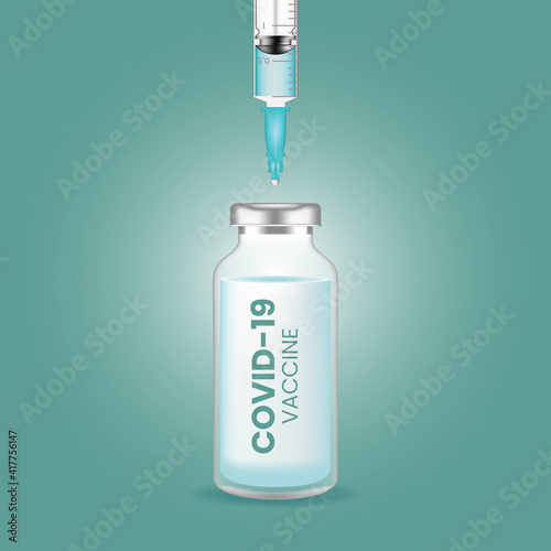 Coronavirus vaccine vector background. Covid-19 corona virus vaccination with vaccine bottle and syringe injection tool for covid-19 immunization treatment.