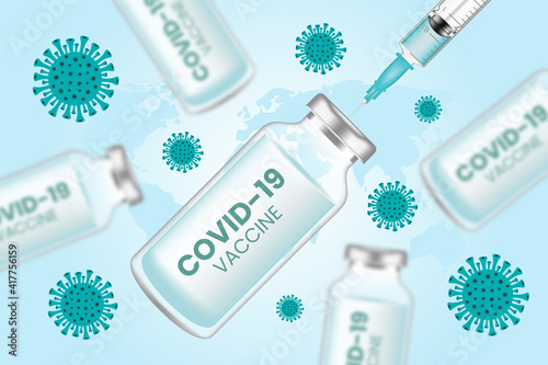 Coronavirus vaccine vector background. Covid-19 corona virus vaccination with vaccine bottle and syringe injection tool for covid-19 immunization treatment.