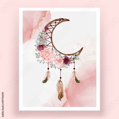 Watercolor dream catcher rose pink and burgundy flower flower feather