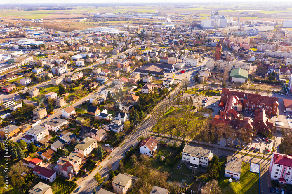 Aerial view of small Polish town of Sroda Wielkopolska on spring day, Greater Poland Province