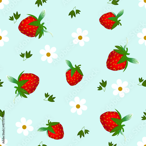 Large red strawberry berry with green leaves on white background, seamless food pattern