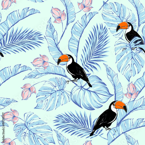 Tropical seamless pattern with bird and exotic flowers. Summer background with hibiscus flowers and palm leaves.
