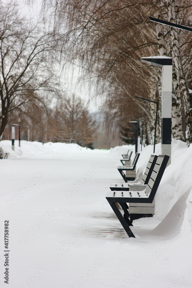 decorative benches for relaxing on a snow-covered background