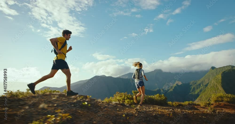 Running on mountain trail, epic adventure, couple goals, adventure lifestyle, training for marathon