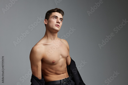 handsome man naked torso black shirt cuteness posing model