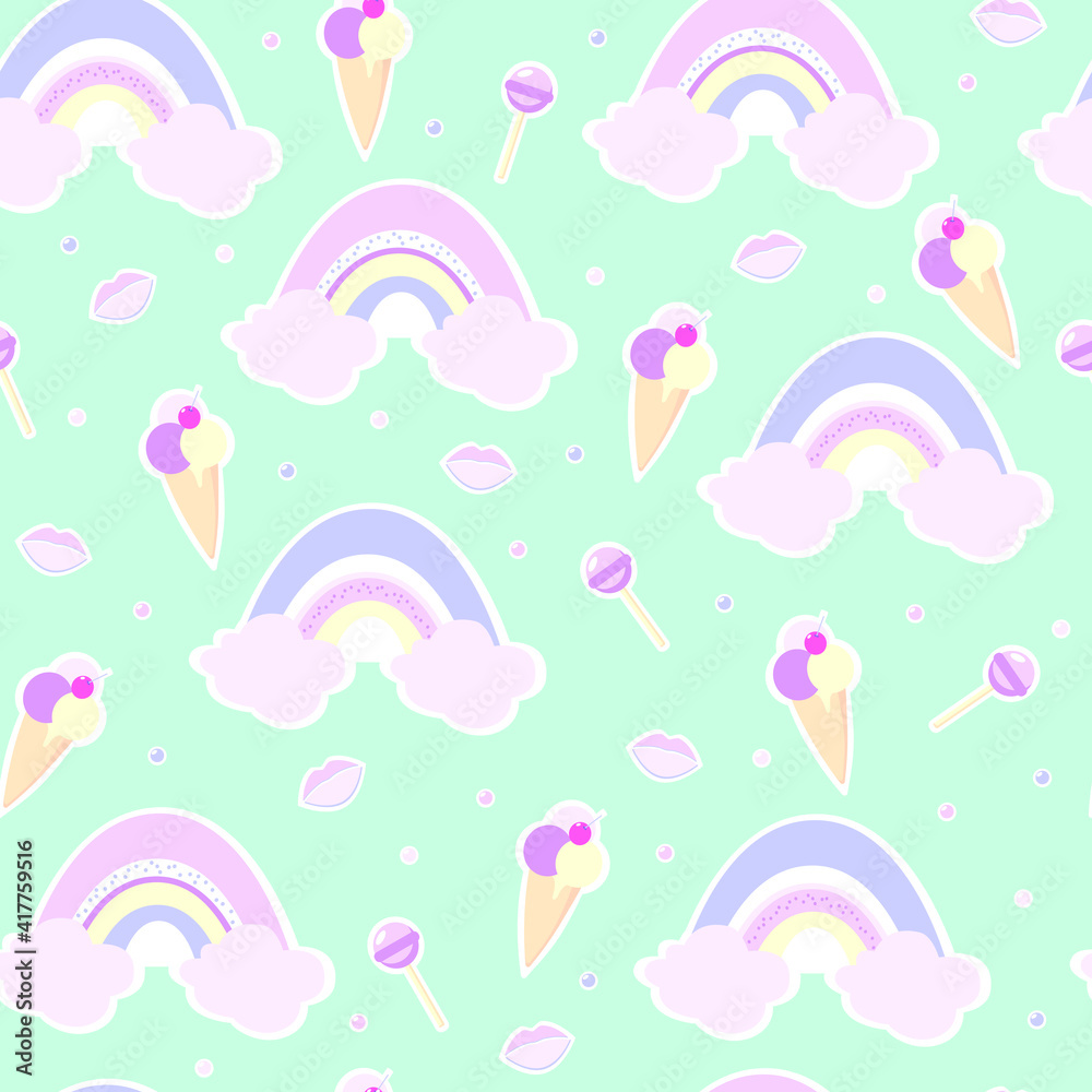 Obraz premium Cute illustrations of sweets and rainbows. Vector graphics for different types of printing. Seamless pattern